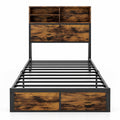 Airfind Twin Size Bed Frame with Storage Headboard Industrial Metal Platform Bed, 485 lbs Capacity, Metal Engineered Wood Frame, Rustic Brown