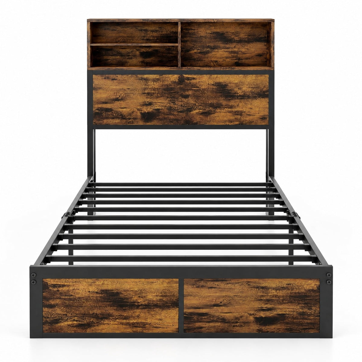 Airfind Twin Size Bed Frame with Storage Headboard Industrial Metal Platform Bed, 485 lbs Capacity, Metal Engineered Wood Frame, Rustic Brown
