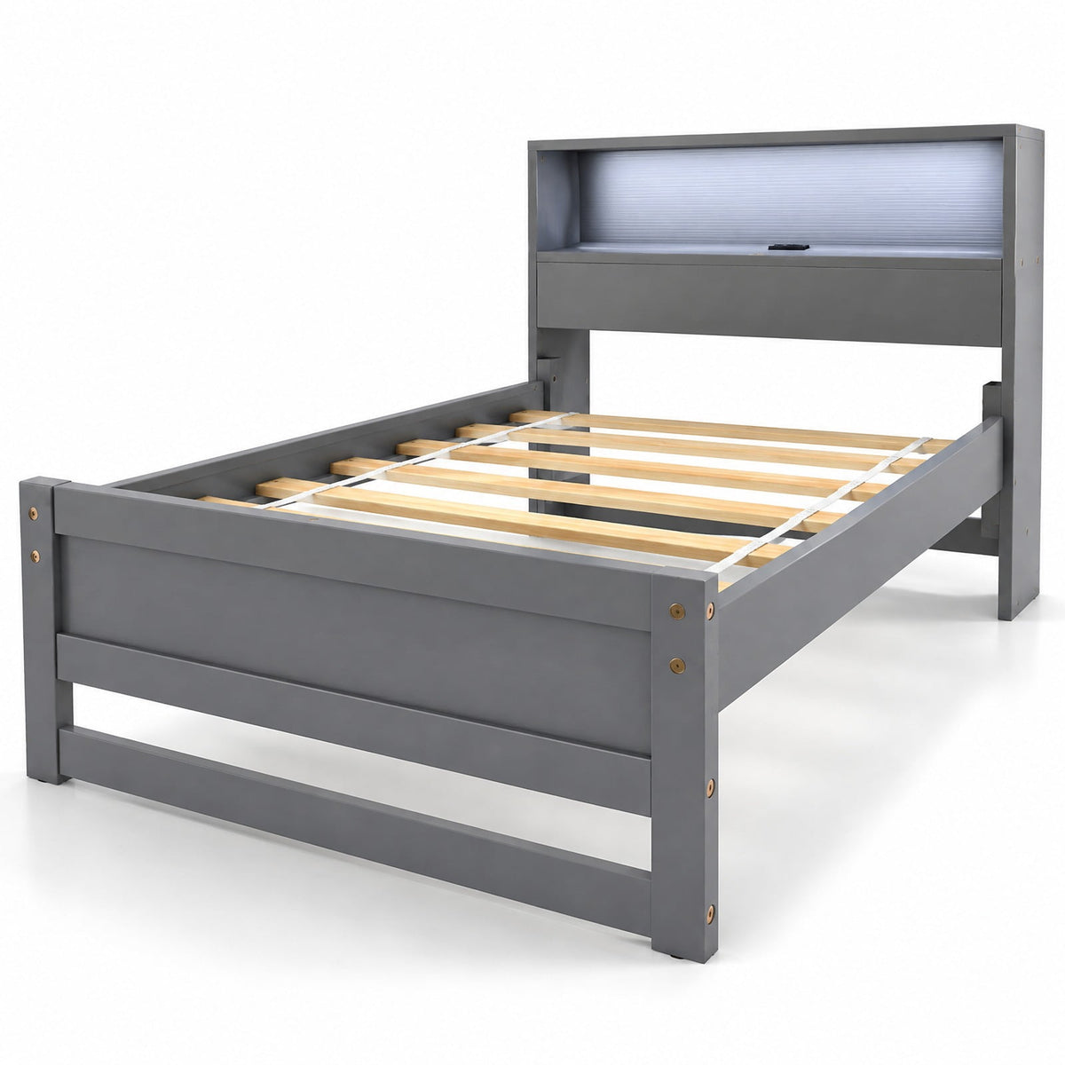 Airfind Twin Size Bed Frame with Storage Headboard and Charging Station, 200 lbs Capacity, Plywood Pine Wood MDF Engineered Wood Frame, Gray