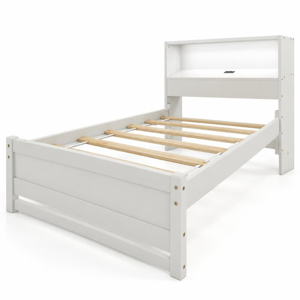 Airfind Twin Size Bed Frame with Storage Headboard and Charging Station, 200 lbs Capacity, Plywood Pine Wood MDF Engineered Wood Frame, White