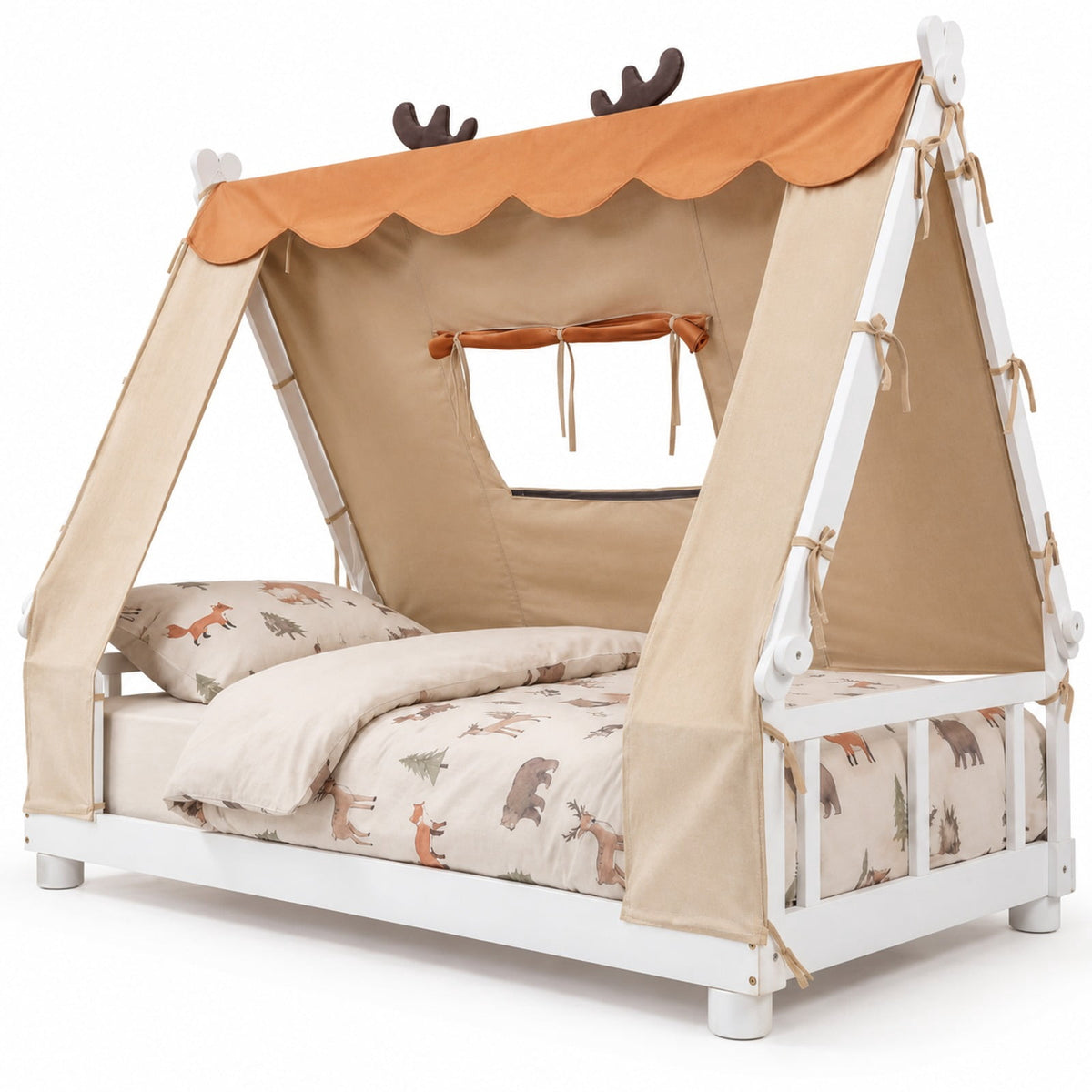 Airfind Twin Size House Floor Wood Bed with Tent, 350 lbs Capacity, Pine Wood Plywood Dutch Velvet Fabric Frame, 81 Inch x 41 Inch x 63 Inch Footprint, White
