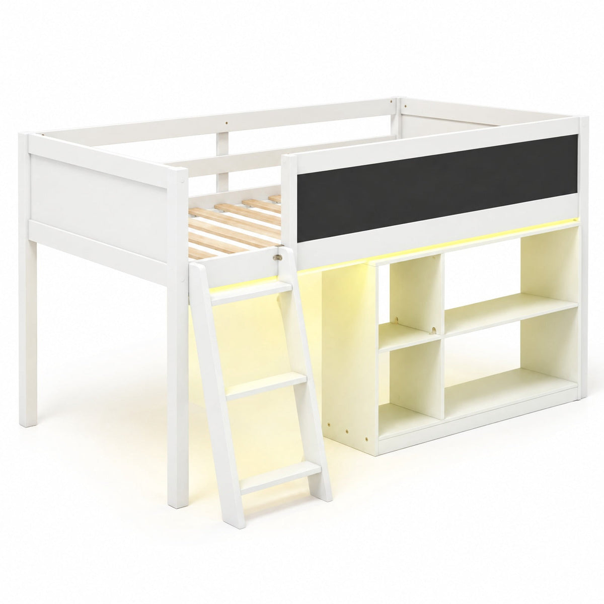 Airfind Twin Size Kids Loft Bed with LED Lights and Removable Bookcase, 350 lbs Capacity, Solid Wood Plywood Engineered Wood Frame, White