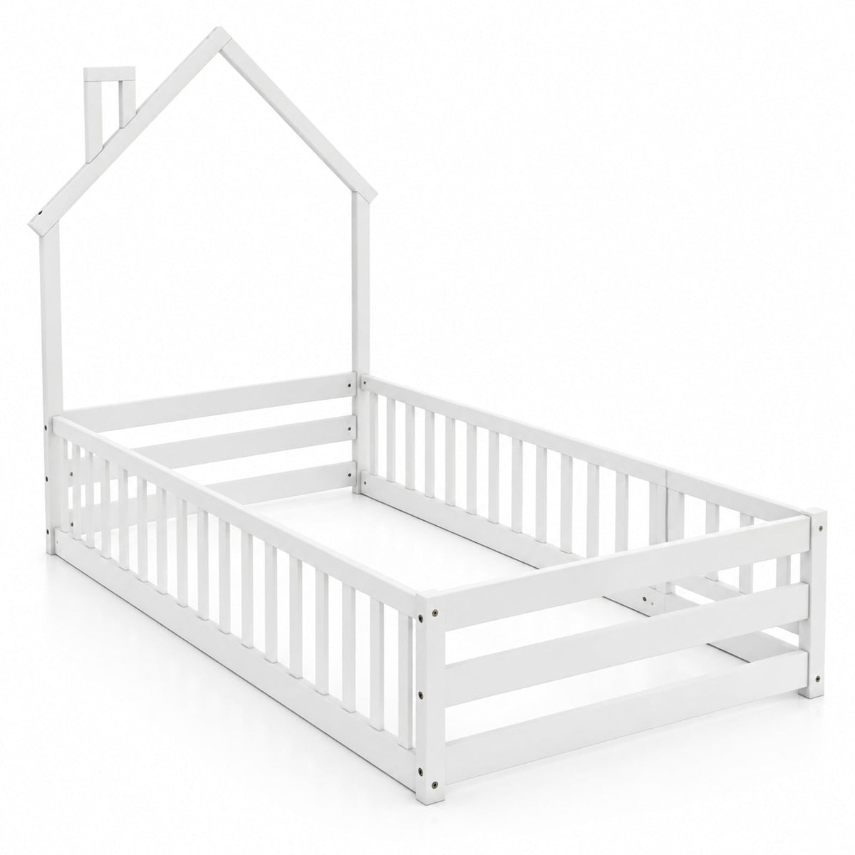 Airfind Twin Size Montessori Floor Bed with Lockable Door and Full-Length Guardrail, Solid Wood Plywood Frame, 78.5 x 45 x 66.5 Footprint, White