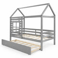 Airfind Twin Size Wooden Platform House Bed with Trundle and Roof, 250 lbs Capacity, Solid Wood Plywood Slats Engineered Wood Frame, Grey