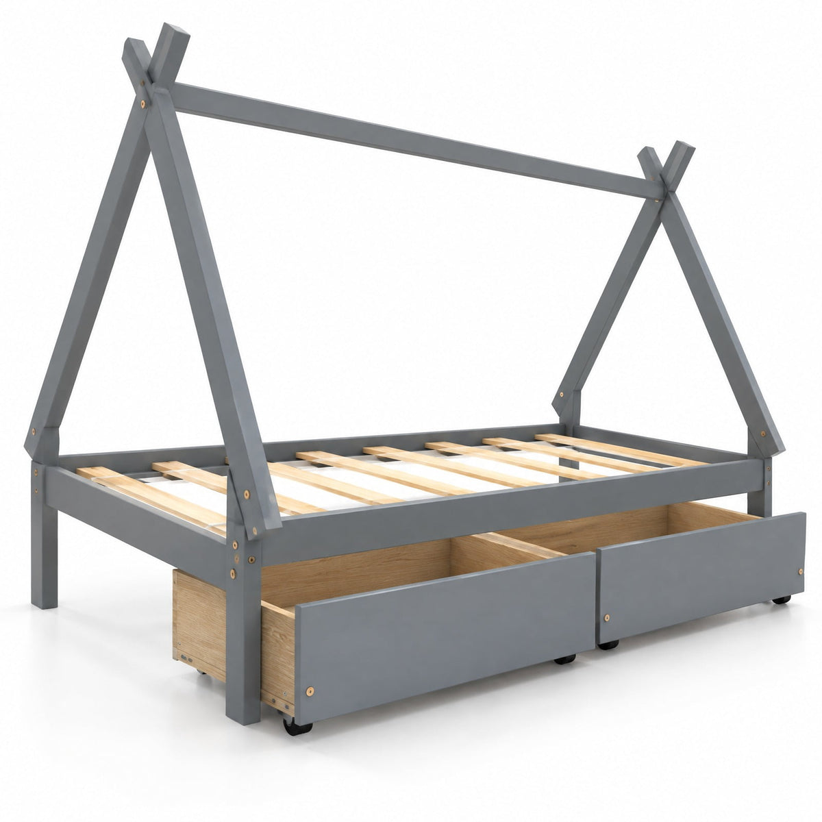 Airfind Twin Size Wooden Tent Platform House Bed with 2 Drawers, 200 lbs Capacity, Solid Wood Plywood Frame, 78 Inch x 46.5 Inch x 59 Inch Footprint, Gray