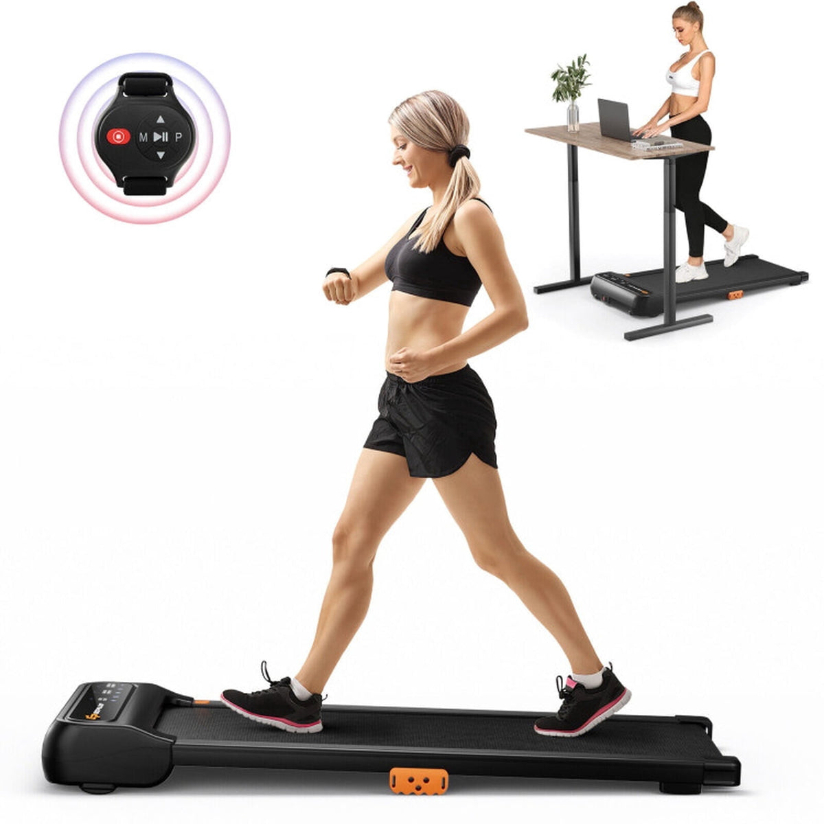 Airfind Under Desk Walking Pad Treadmill for home and office with watch-like remote control plus 7-layer belt and 14 shock absorbers for small spaces, Black