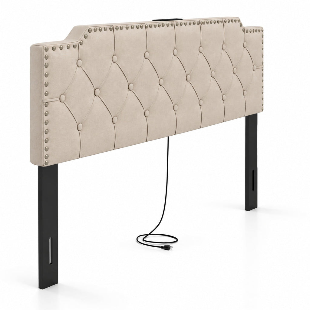 Airfind Upholstered Headboard with Built-in Charging Station, AC, USB and Type-C Ports, Rivet Tufted Headboard for Queen and Full Size Bed, Beige