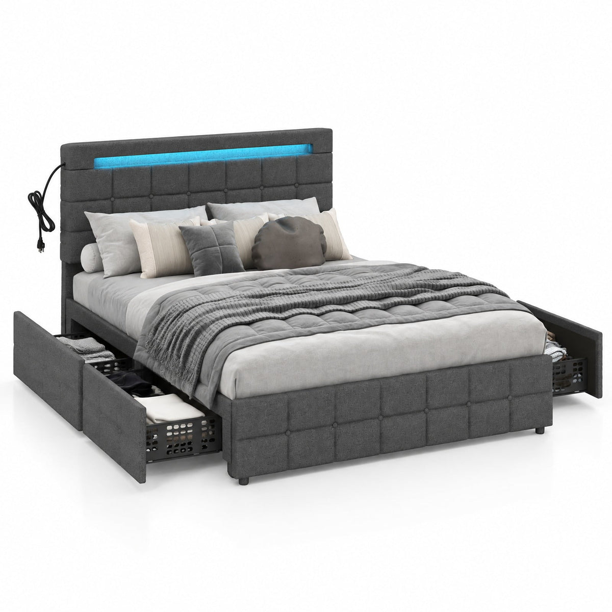 Airfind Upholstered LED Bed Frame with Headboard and 4 Drawers, 880 lbs Capacity, 78 x 43.5 x 40.5-42.5(L x W x H) Drawer Footprint, Gray
