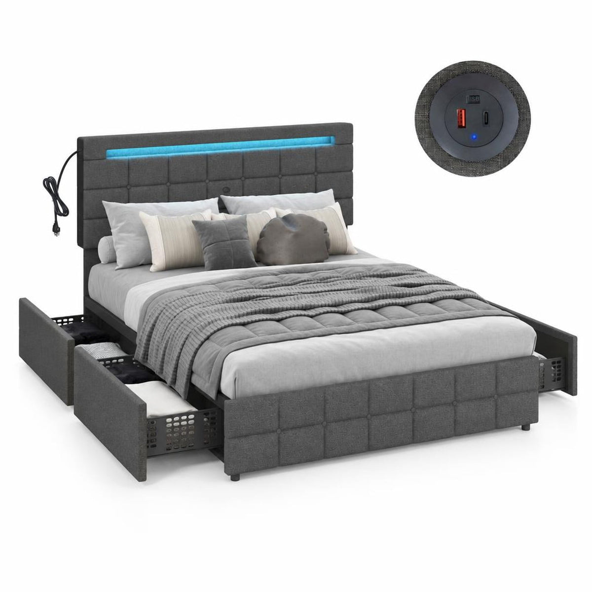 Airfind Upholstered Queen LED Bed Frame with Headboard and 4 Drawers, 880 lbs Capacity, 83 x 64 x 40.5-42.5(L x W x H) Drawer Footprint, Gray