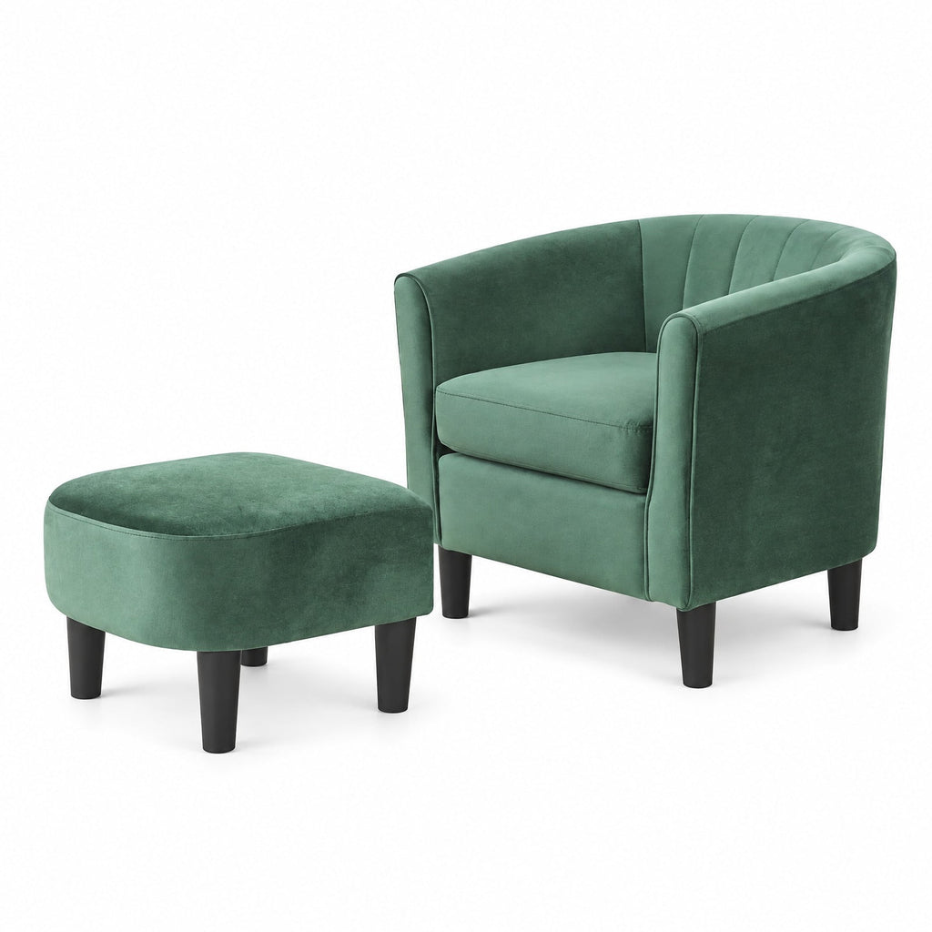 Airfind Upholstered Teddy Velvet Club Barrel Chair with Ottoman with Footrest, Velvet/ Teddy Velvet Sponge Plywood Plastic Frame, Green