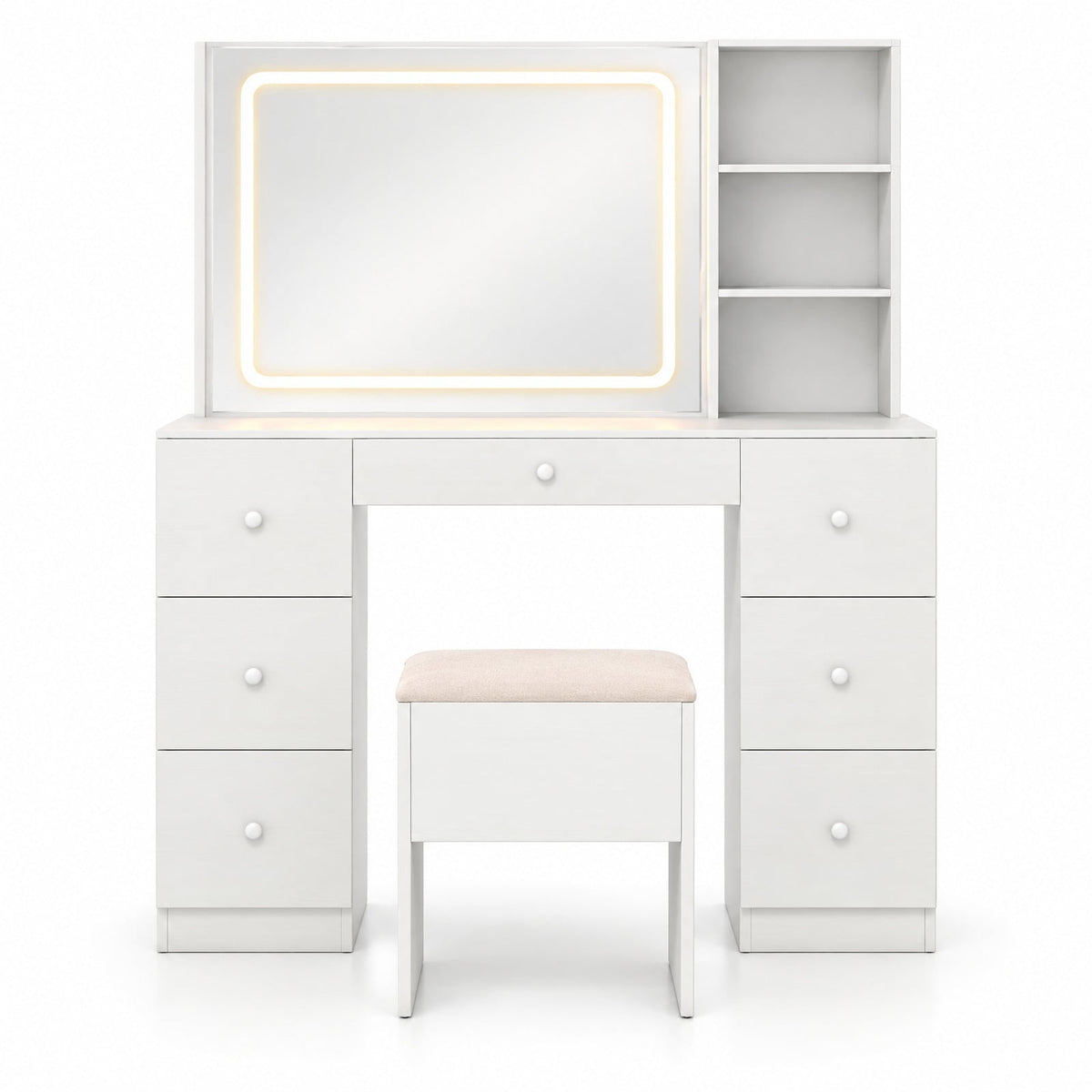 Airfind Vanity Desk with Mirror and Lights Makeup Dressing Table Vanity Table and Stool Set, 155 lbs Capacity, Engineered Wood Frame, White