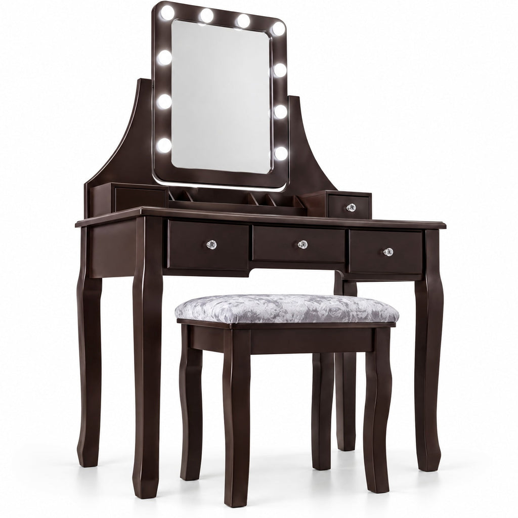 Airfind Vanity Dressing Table featuring 10 Dimmable Bulbs and Cushioned Stool, 220 lbs Capacity, MDF Pine Frame, 31.5 Inch x 16 Inch x 53 Inch Footprint, Brown