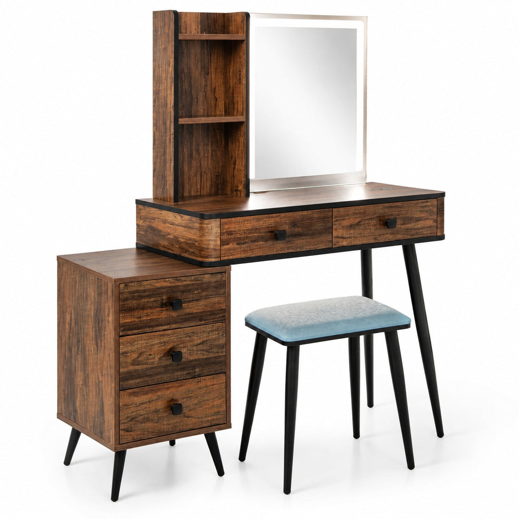 Airfind Vanity Makeup Table Set with Lighted Mirror, 330 lbs Capacity, MDF glass steel Frame, 31.5in x 15.5in x 51in Footprint, Brown