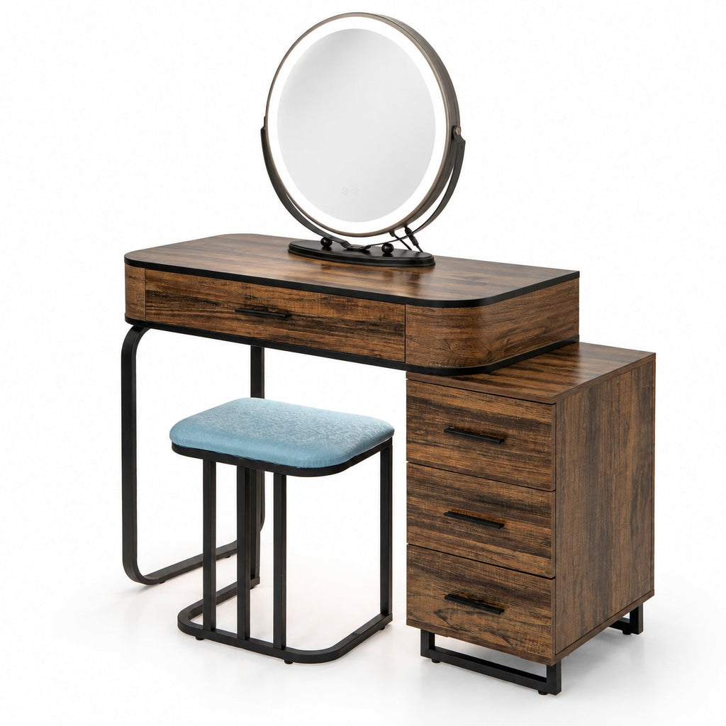 Airfind Vanity Table Set with 3-Color Lighted Mirror and Charging Station, 330 lbs Capacity, MDF Frame, 31.5inx 15.5inx 51in Footprint, Brown