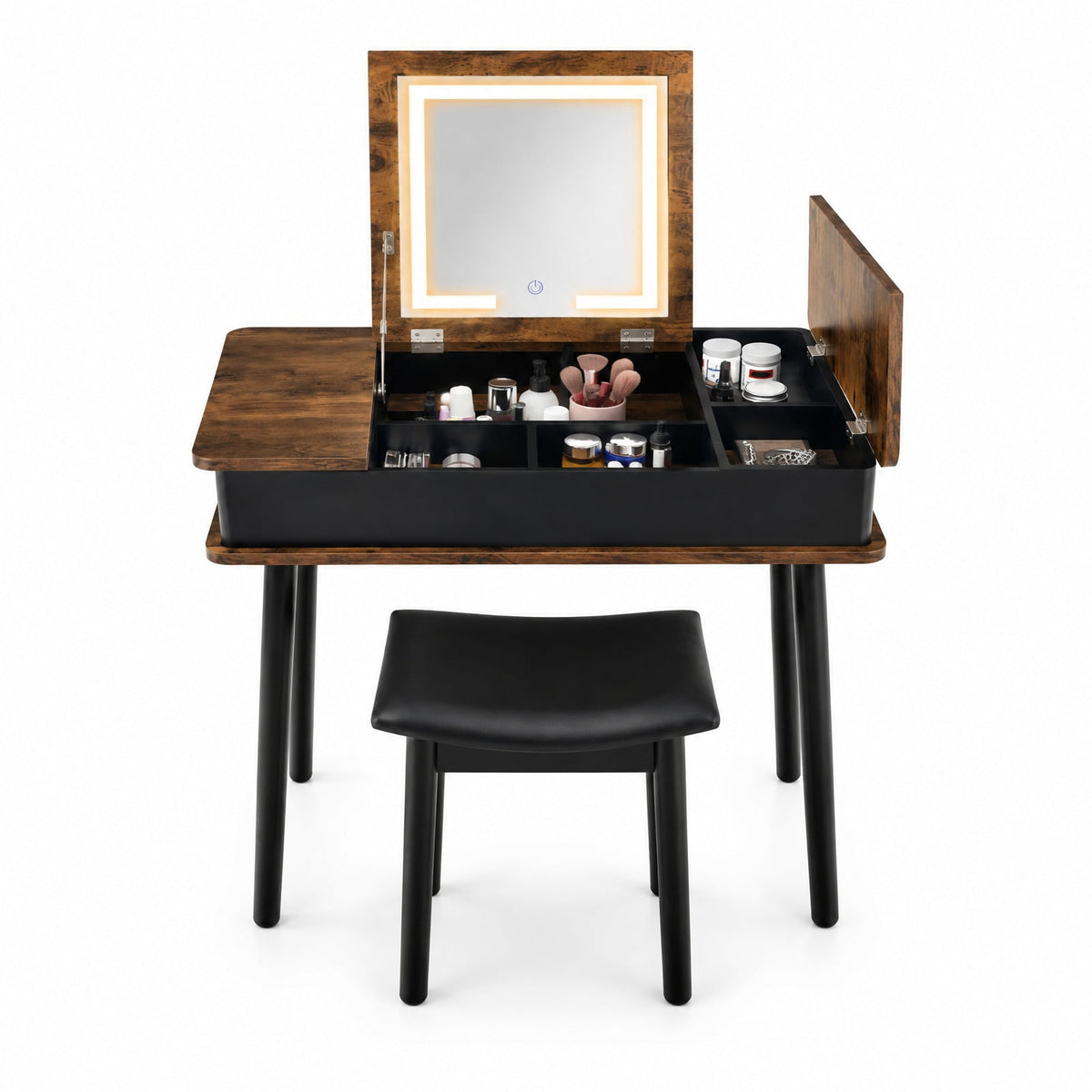 Airfind Vanity Table Set with Flip Top Mirror Lights USB Writing Desk and Stool, 99 Lbs Capacity, MDF Pine Wood Glass Sponge PU Leather, Brown