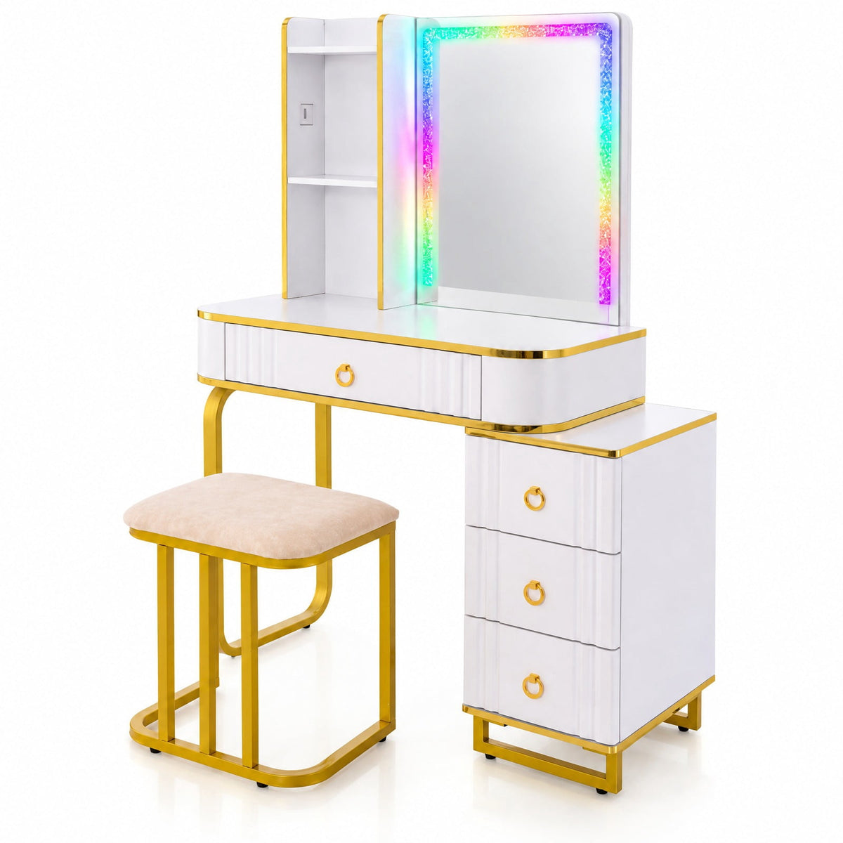 Airfind Vanity Table Set with RGB LED Lights and Wireless Charging Station, 200 lbs Capacity, P2 MDF Pine Wood Metal Frame, White