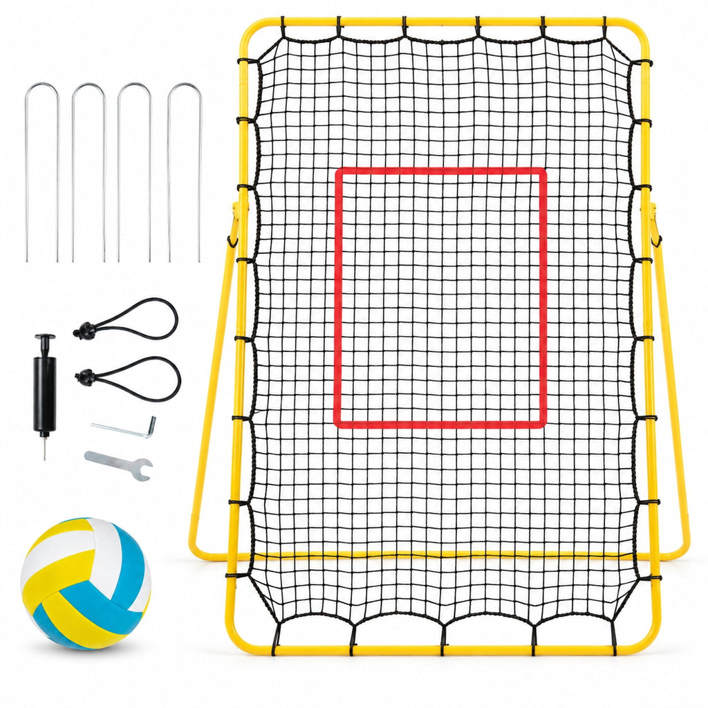 Airfind Volleyball Rebounder Net with 4 Adjustable Angles for Bumping and Spiking, Yellow + Red + BlackMaterial Metal PE PP Polyester FabricProduct