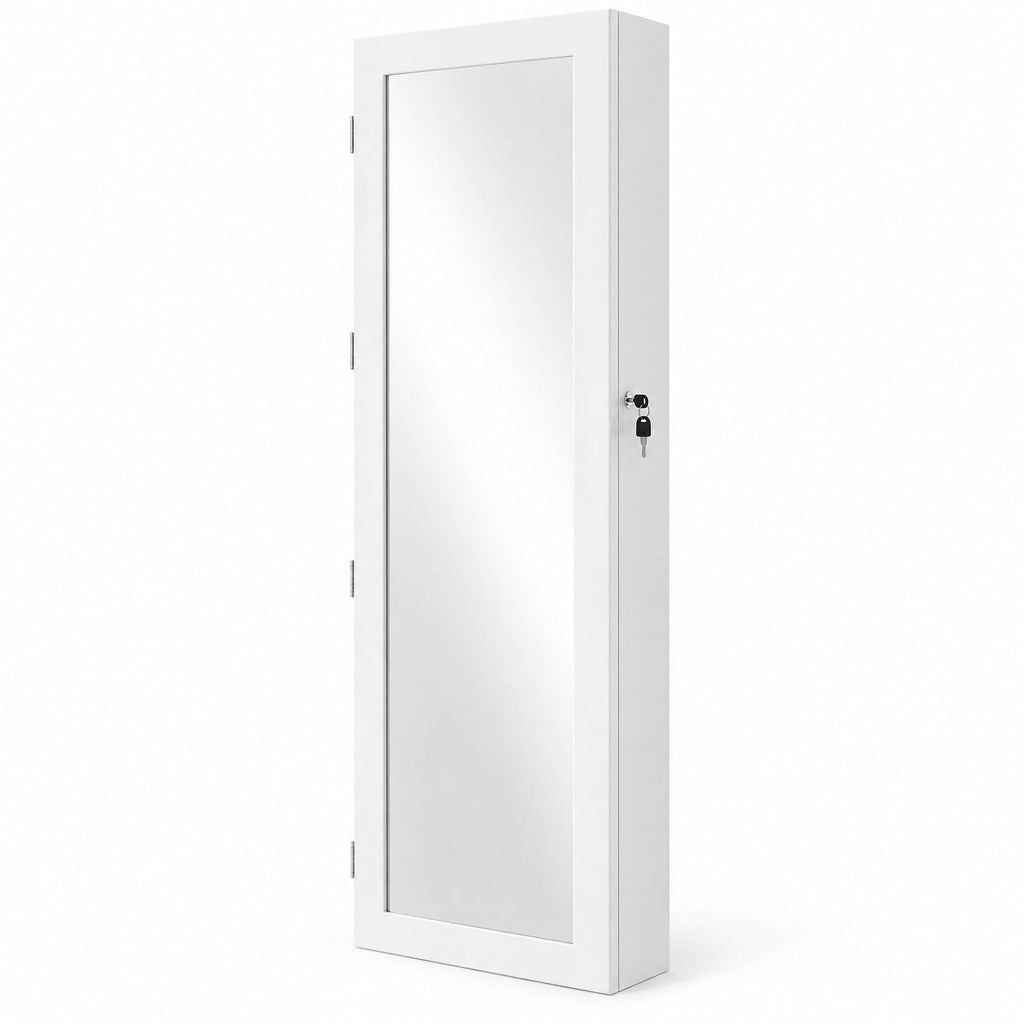 Airfind Wall Mounted Lockable Mirror Jewelry Cabinet with LED Light, Real glass quality MDF soft velvet Frame, 14.5in x 3.5in x 56.5in Footprint, White