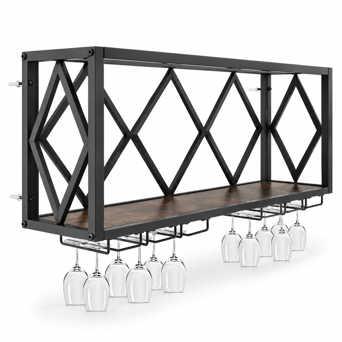 Airfind Wall Mounted Wine Rack for 39 Bottles and 12 Glasses, Shelf 100 lbs Capacity, Metal Engineered Wood Frame, Rustic Brown Black