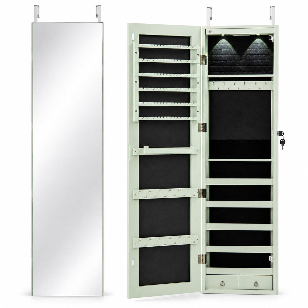 Airfind Wall and Door Mounted Mirrored Jewelry Cabinet with Lights, MDF Board Glass Mirror Frame, 14 Inch x 4 Inch x 54.5 Inch Footprint, Green