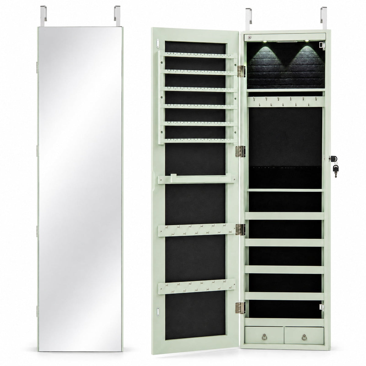Airfind Wall and Door Mounted Mirrored Jewelry Cabinet with Lights, MDF Board Glass Mirror Frame, 14 Inch x 4 Inch x 54.5 Inch Footprint, Green