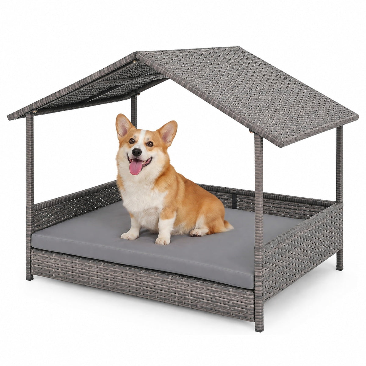 Airfind Wicker Dog House Elevated PE Rattan Dog Bed with Canopy, 165 lbs Capacity, PE Rattan Metal Polyester Fabric Sponge Frame, Gray