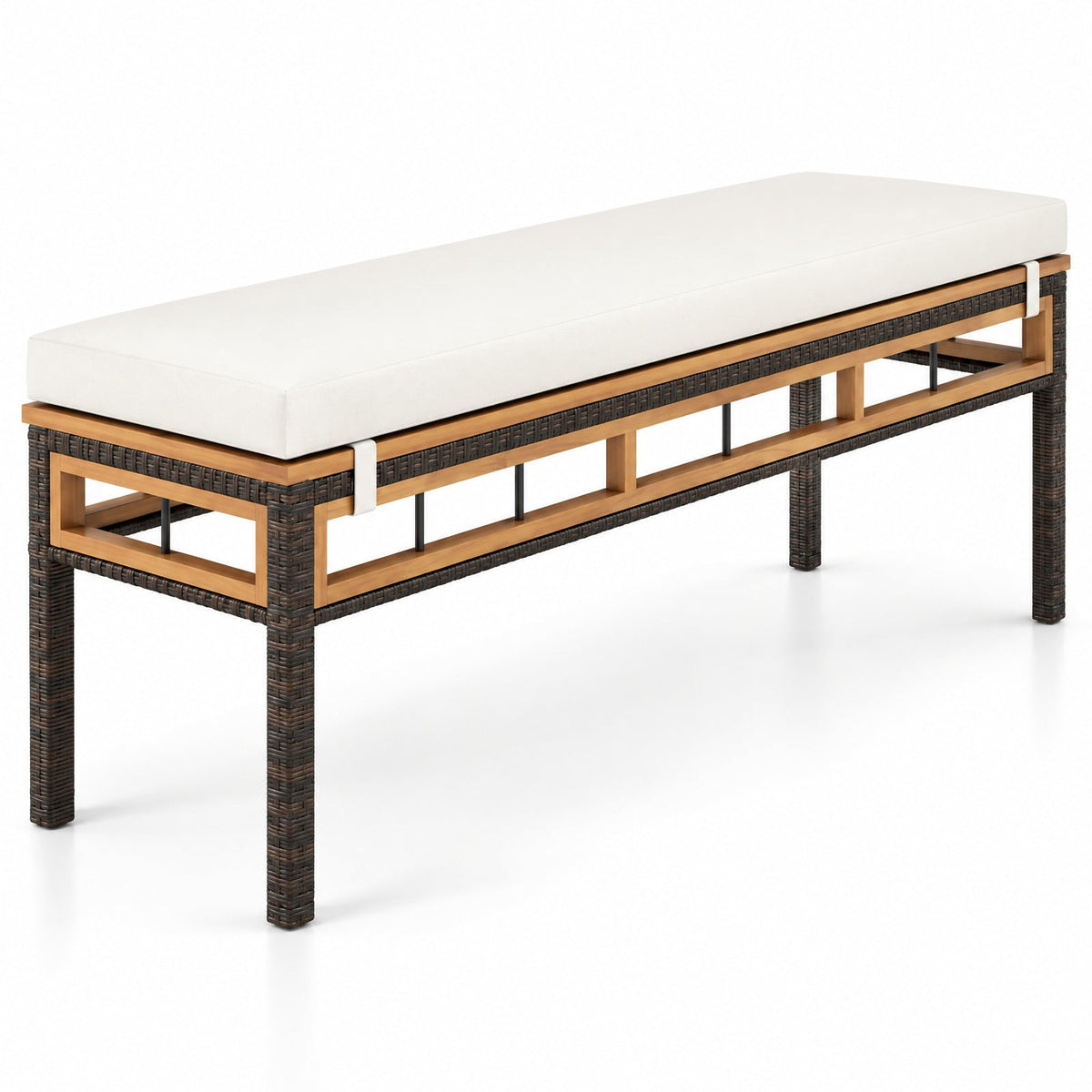 Airfind Wicker Patio Bench for 2 People 48invh Long Backless Dining Bench with Acacia Wood Seat, 800 lbs Capacity, Acacia Wood Frame, White