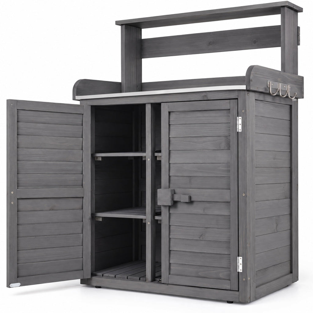 Airfind Wood Plant Workstation with Stainless Steel Tabletop and Removable Shelves, 110 lbs Storage Shelf Capacity, Fir Wood Stainless Steel Frame