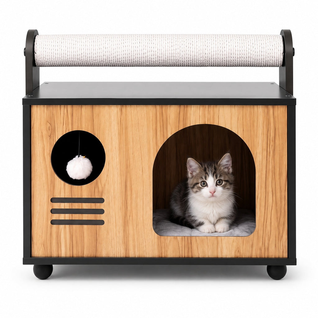 Airfind Wooden Cat House with Scratching Post, 33 lbs Capacity, Engineered Wood Frame, 19 Inch x 12 Inch x 17.5 Inch Height of Cat House 12 Inch Footprint, Black