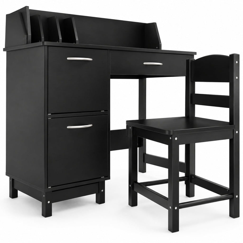 Airfind Wooden Kids Study Desk and Chair Set Student Workstation, 110 lbs Capacity, MDF Solid Wood Frame, for 3+, 35.5 x 18 x 32 Footprint, Black