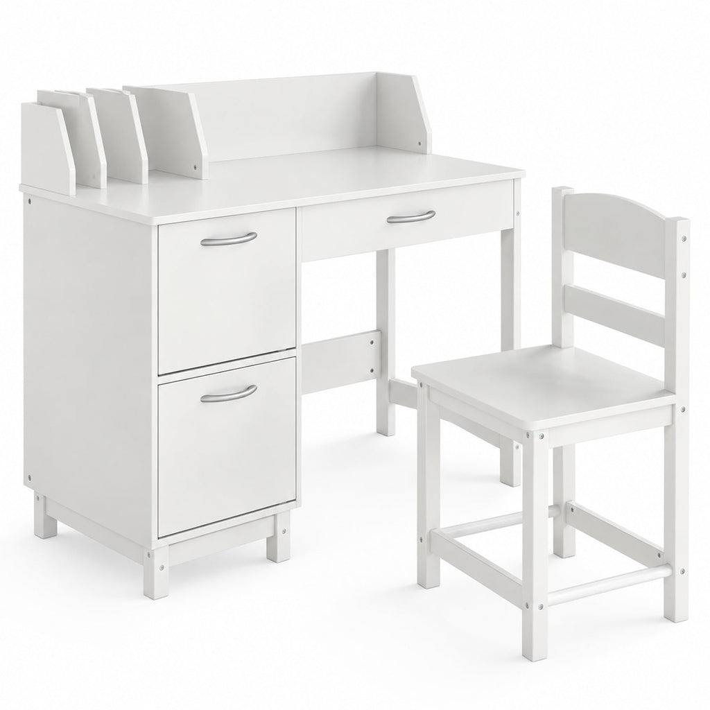 Airfind Wooden Kids Study Desk and Chair Set Student Workstation, 110 lbs Capacity, MDF Solid Wood Frame, for 3+, 35.5 x 18 x 32 Footprint, White