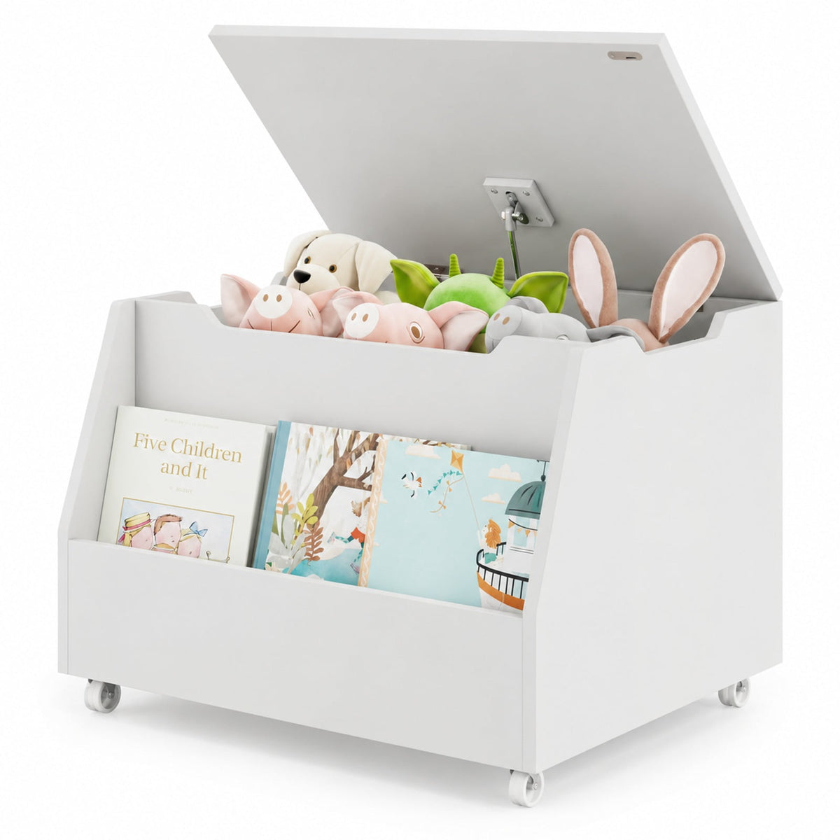 Airfind Wooden Mobile Toy Storage Organizer with Bookshelf and Lockable Wheels, 110 lbs Capacity, MDF PP Frame, 24in x 19in x 18in Footprint, White