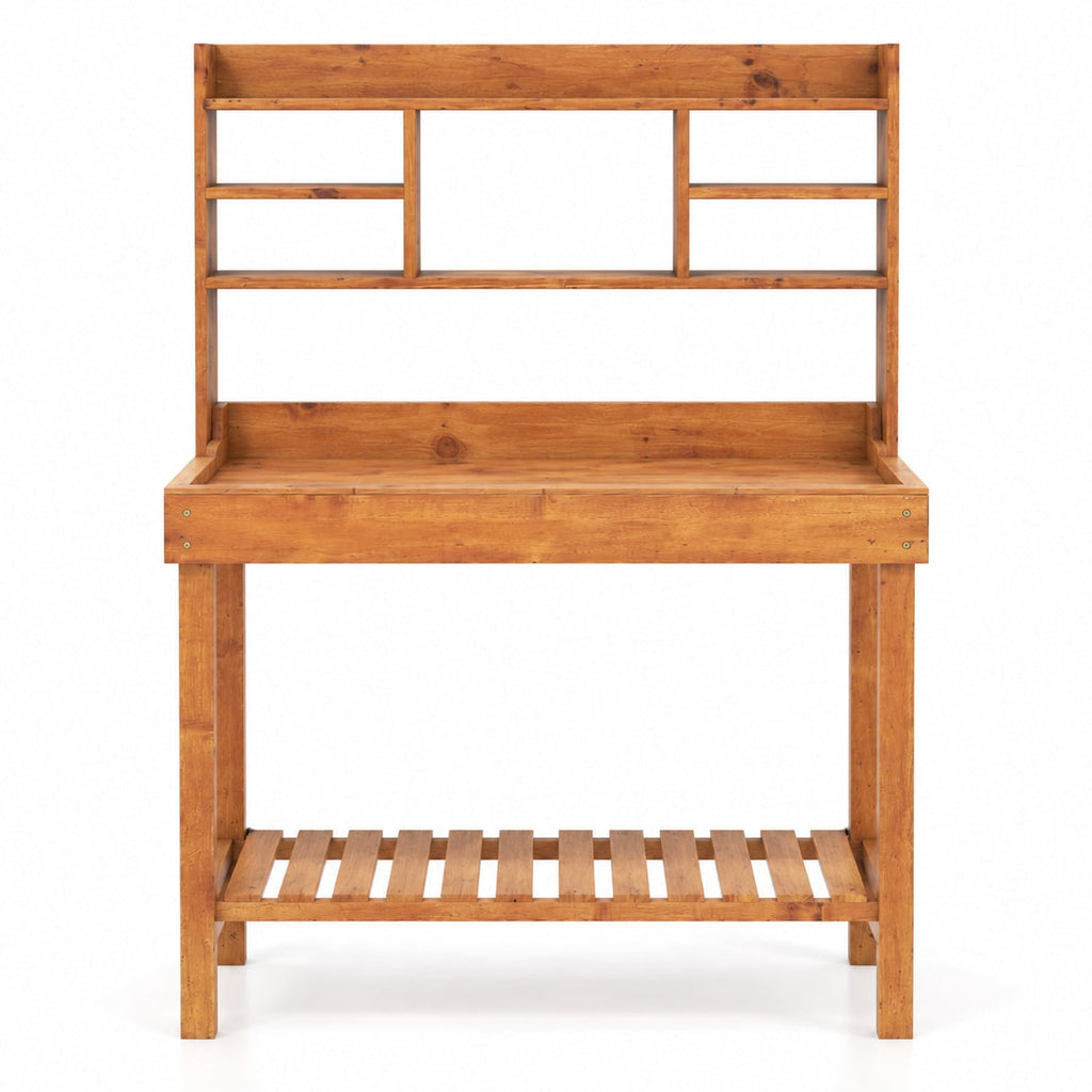 Airfind Wooden Potting Bench Table Garden Planting Workstation with 3-Tier Open Shelf, 22 lbs Capacity, Fir Wood Frame, Brown