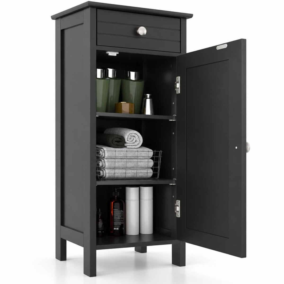 Airfind Wooden Storage Free-Standing Floor Cabinet with Drawer and Shelf, 132 lbs Capacity, MDF Frame, 14in x 12in x 34.5in Footprint, Black