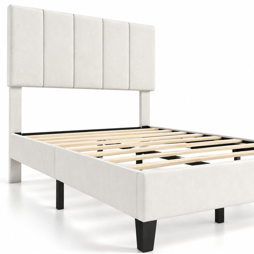 Airfind off-white Linen Upholstered Platform Bed with Height Adjustable Vertical Channel Headboard, 500 lbs Capacity, Velvet Frame, Off-White