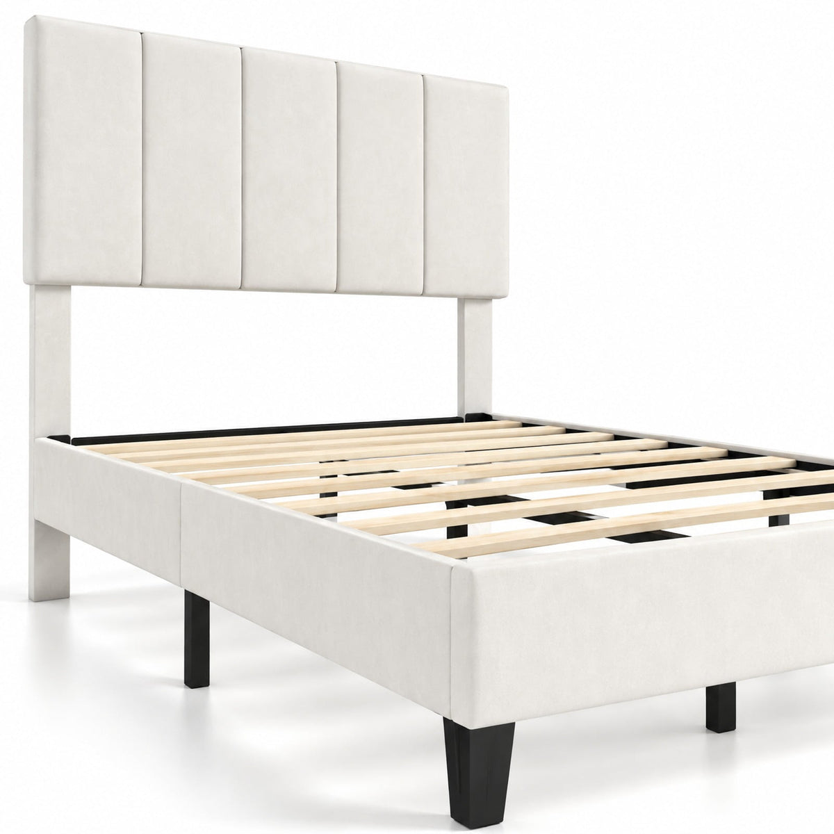 Airfind off-white Linen Upholstered Platform Bed with Height Adjustable Vertical Channel Headboard, 500 lbs Capacity, Velvet Frame, Off-White