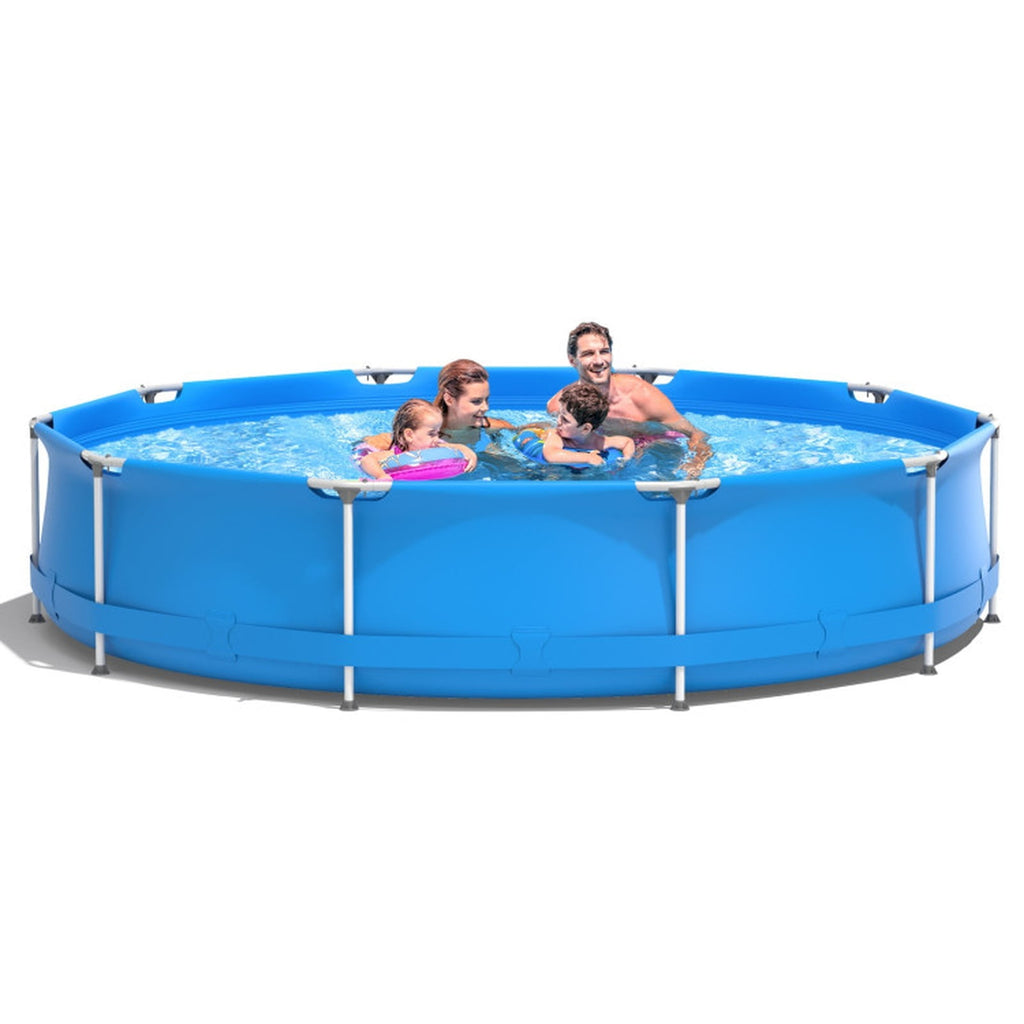 Airfind 12ft x 30in Round Above Ground Swimming Pool with Iron Frame & Pool Cover, 3-Layer PVC Mesh, Blue