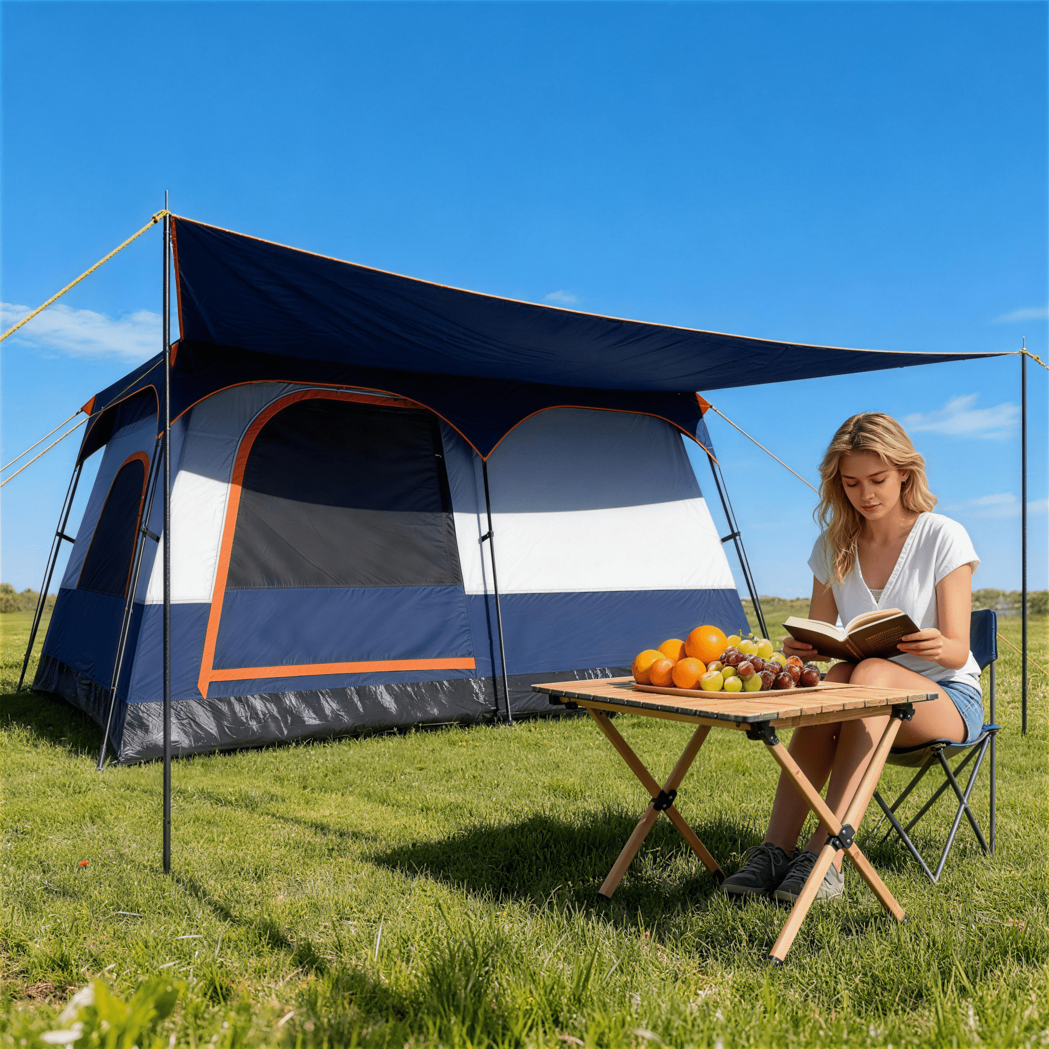 Airfind 6-8 Person Large Family Camping Tent with Porch, 2 Rooms and 2 Doors, Waterproof Cabin Tent with Skylight and Rainfly, Navy