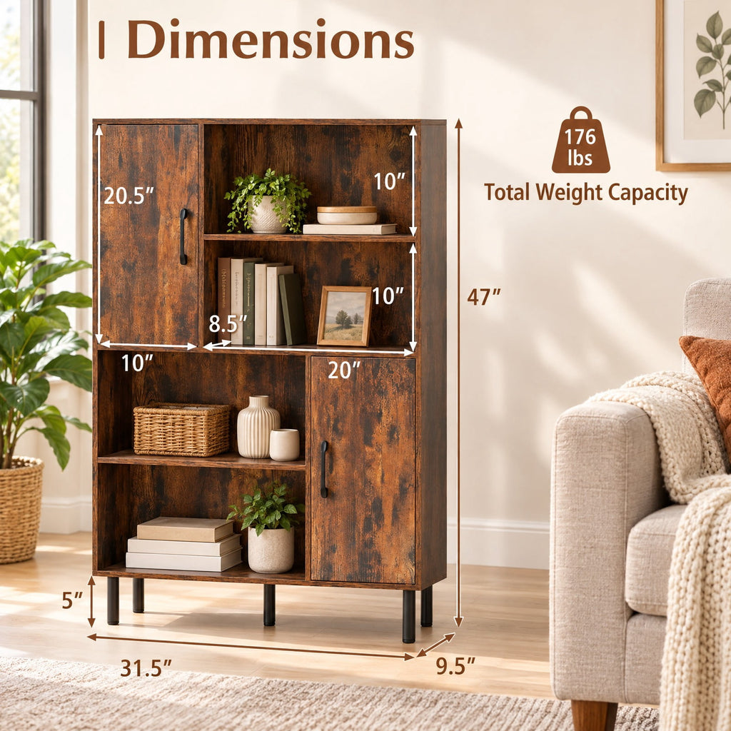 Airfind 47 Inch Storage Cabinet Freestanding Bookcase with 2 Doors and 4 Open Shelves, 176 lbs Capacity, Engineered Wood MDF Metal Frame, Brown