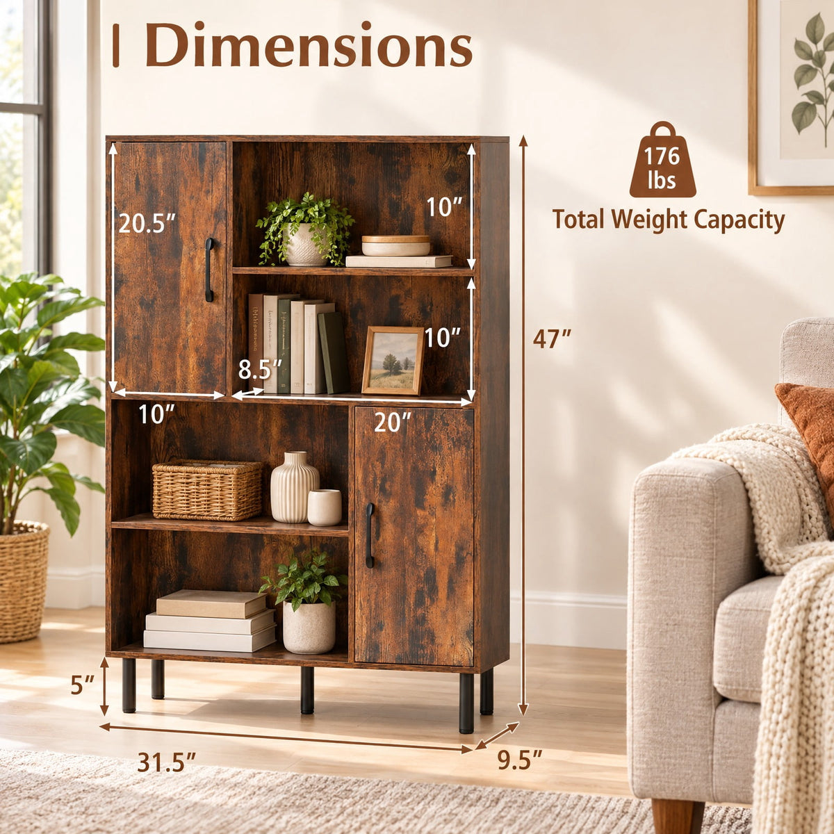 Airfind 47 Inch Storage Cabinet Freestanding Bookcase with 2 Doors and 4 Open Shelves, 176 lbs Capacity, Engineered Wood MDF Metal Frame, Brown