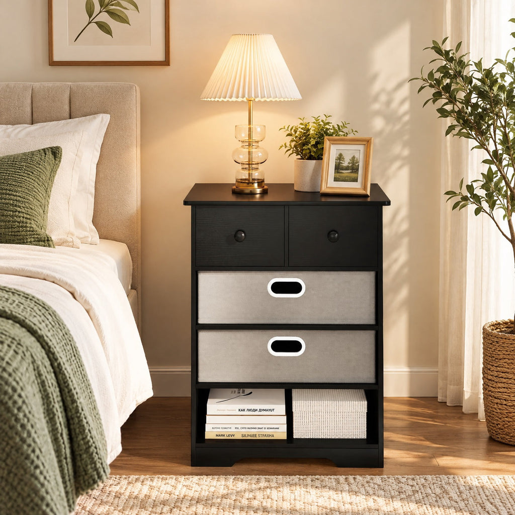 Airfind 4-Drawer Dresser Modern Chest Storage Organizer with Open Shelves, 100 lbs Capacity, Engineered Wood MDF Fabric Frame, Black