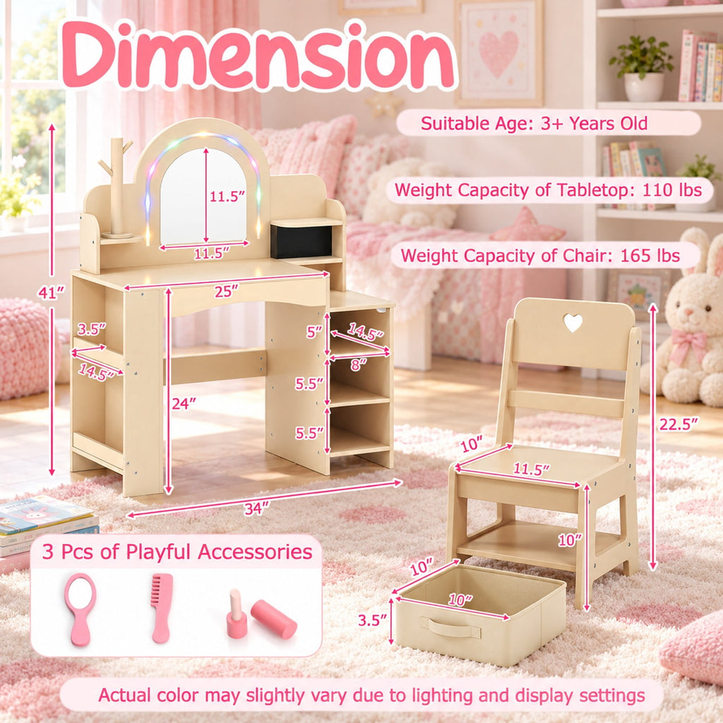 Airfind Kids Vanity Set with Colorful LED Lights Princess Makeup Dressing Table with Chair, 110 lbs Capacity, MDF Frame, 34in x 15.5in x 41in Footprint