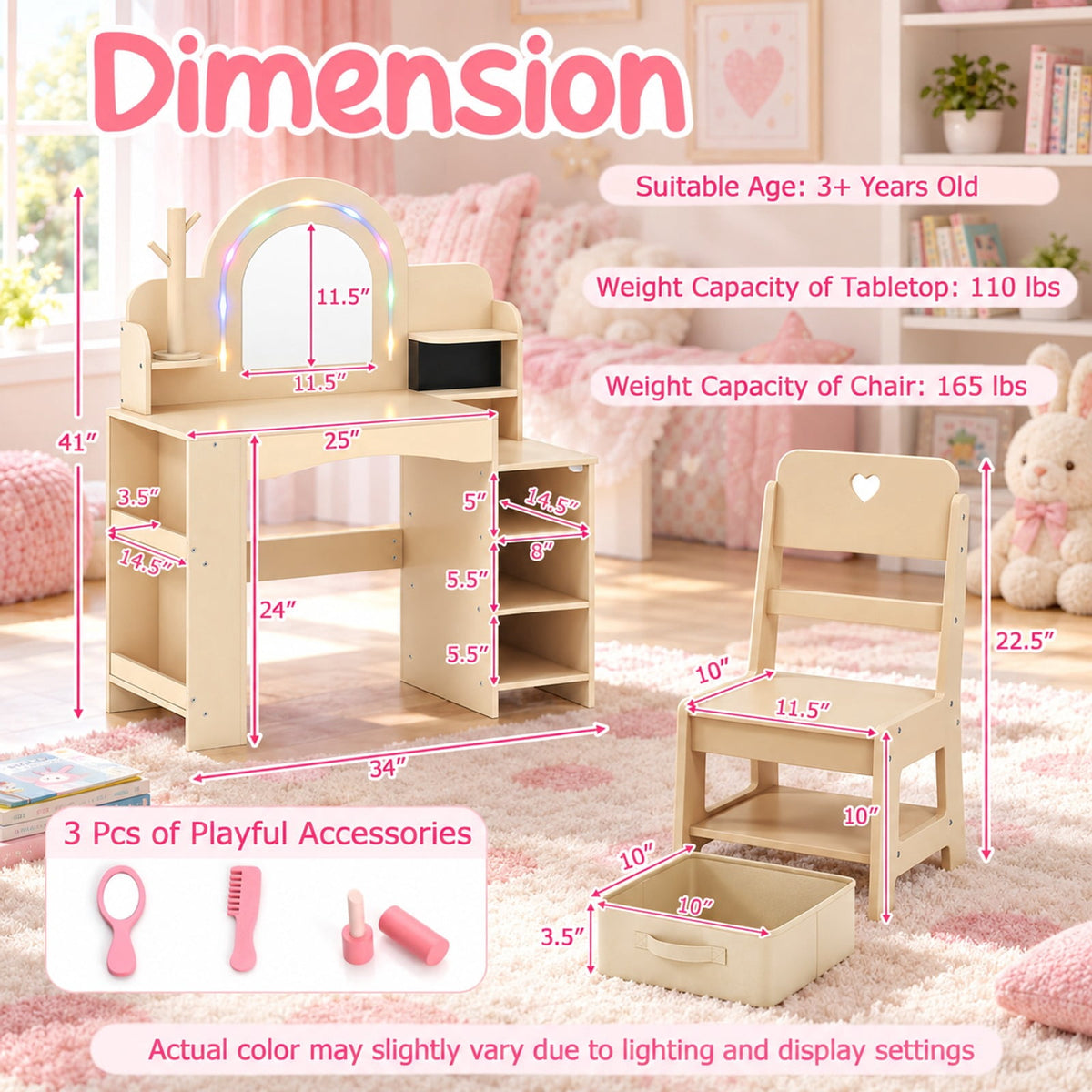 Airfind Kids Vanity Set with Colorful LED Lights Princess Makeup Dressing Table with Chair, 110 lbs Capacity, MDF Frame, 34in x 15.5in x 41in Footprint