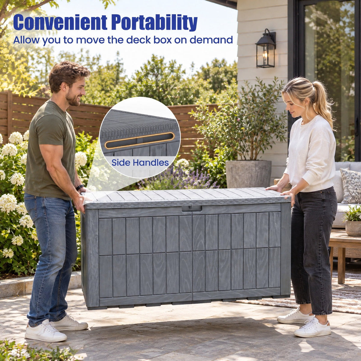 Airfind 120 Gal Outdoor Deck Box with Lid and Handles for Garden Tools, 540 lbs Capacity, PP Metal, 52 Inch x 24 Inch x 25 Inch , Gray