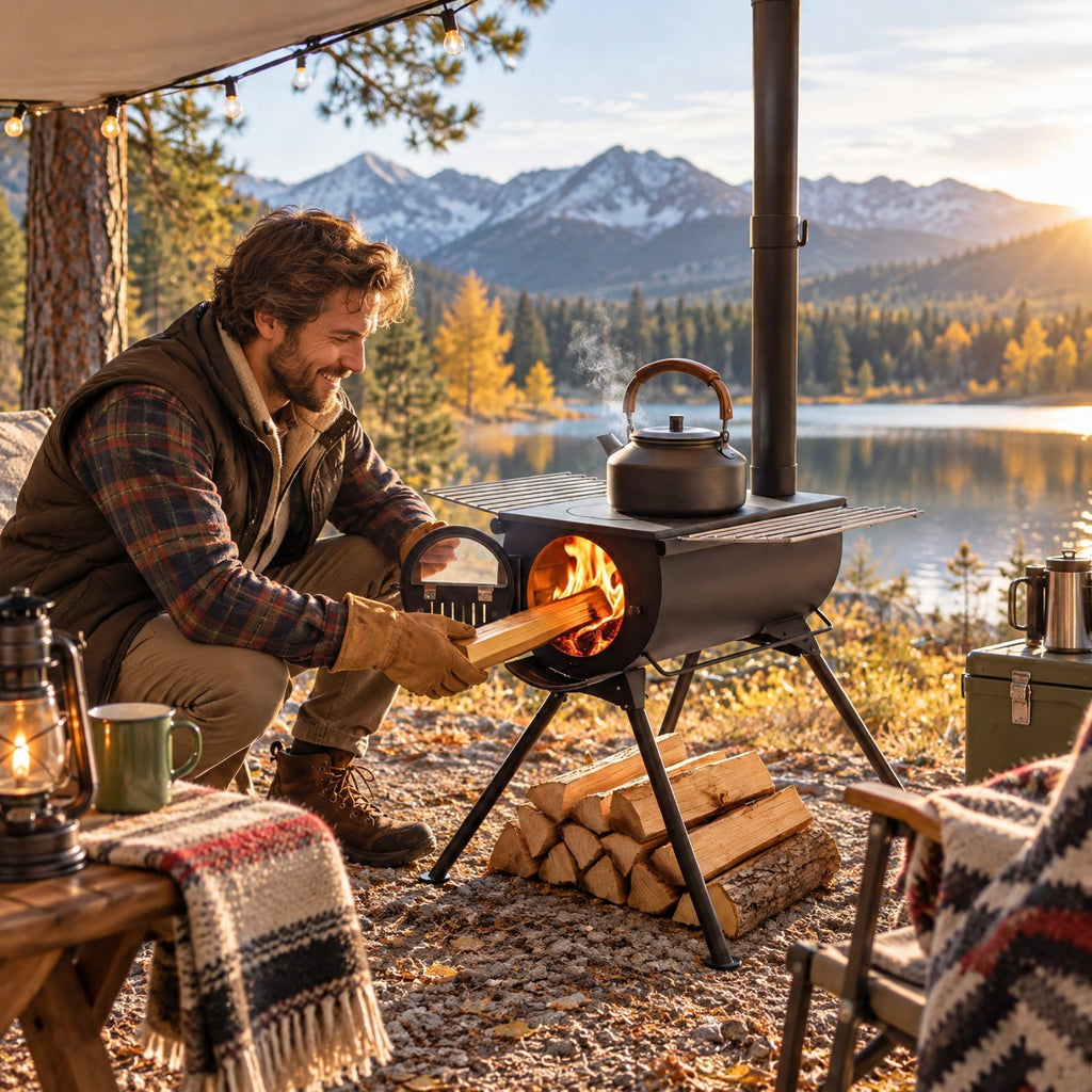 Airfind Hot Tent Stove with Chimney Pipes and Foldable Legs for Outdoor Heating, Carbon Steel Stainless Steel Frame, 33 Inch x 23 Inch x 93 Inch Footprint, Black