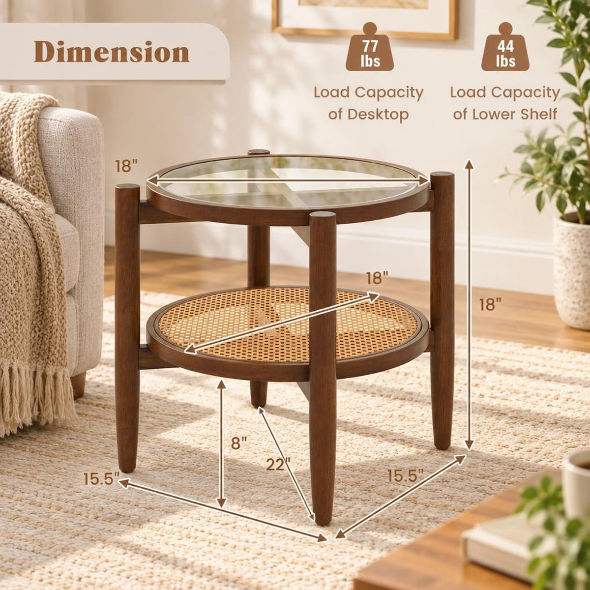 Airfind Rattan Round Side End Table with Tempered Glass Tabletop, 77 Lbs Capacity, Acacia Wood Plywood Tempered Glass PE Rattan, Walnut