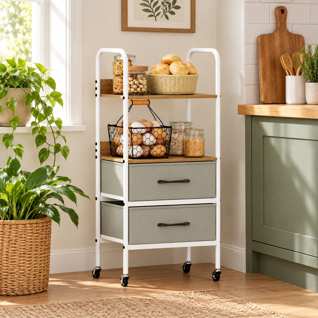 Airfind Rolling Utility Storage Cart with 2 Open Shelves and 2 Fabric Drawers, 22 lbs Capacity, Metal Engineered Wood Non-woven Fabric Frame