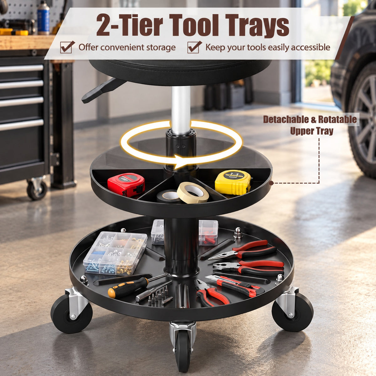 Airfind 16.5-22 Adjustable Height Seat Rolling Mechanic Stool with Wheels, 265 lbs Capacity, PU Leather Frame, 15 x 15 x 16.5-22 Footprint