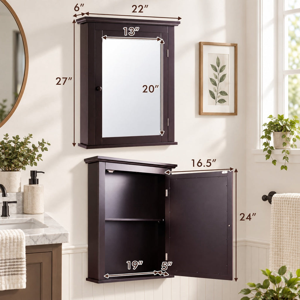 Airfind Bathroom Wall Mounted Storage Mirror Medicine Cabinet, 11 lbs Capacity, MDF and glass Frame, 22 x 6 x 27.5 Footprint, Brown