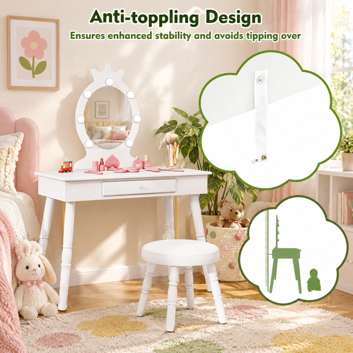 Airfind Kids Vanity Set with Lighted Mirror with Adjustable Brightness and Large Drawer, 110 lbs Capacity, MDF Frame, for 3-7 Years Old, White